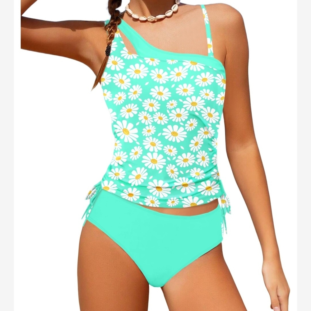 Chic Girls Teen Daisy Print Aqua Tankini Set- Swimsuit - Bathing Suit Sise 14-15